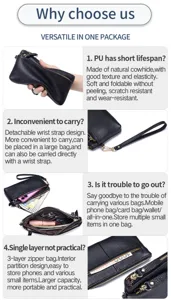 Vue détaillée de la pochette en cuir de vachette véritable avec fermeture éclair à 3 couches