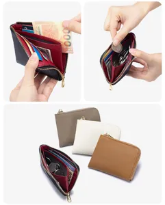 Slim crossgrain leather zipper wallet with multiple card slots and coin pocket details