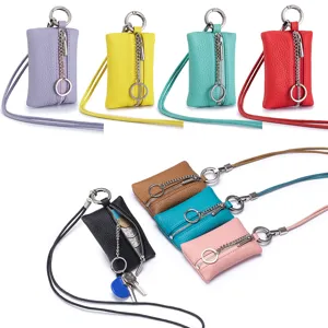 Mini Genuine Leather Neck Hanging Coin Purse Litchi Grain First Layer Cowhide Keychain Lipstick Bag Japanese Style Small Wallet For Women Men