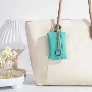 Turquoise genuine leather mini coin purse and lipstick bag charm for tote bags