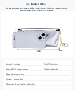 Detailed dimensions and specifications of the silver leather glasses case with scale