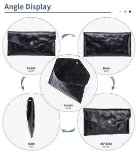 Viste dettagliate di una pochette a busta in pelle nera retrò con elegante grana a mano