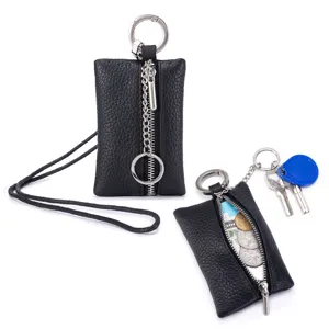 Genuine leather mini neck coin purse and keychain bag with textured finish