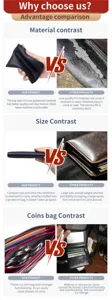 Detailed comparison showing slim top layer cowhide wallet versus bulky low quality PU wallets