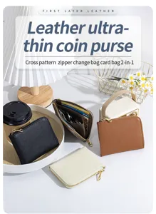 Detailed view of genuine leather ultra-thin coin purses with cross pattern texture