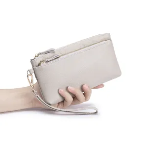 Élégante pochette portefeuille longue en cuir véritable beige avec dragonne pratique