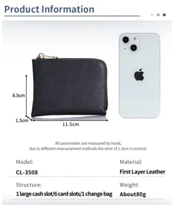 Detail view of small cross-grain leather wallet showing dimensions and phone size comparison