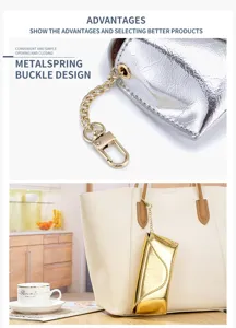 Detail view of metallic crackle leather glasses pouch showing metal spring buckle design.