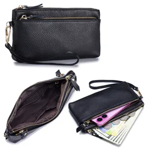 Élégante pochette portefeuille en cuir noir véritable pour femme avec design multicouche