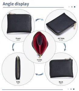 Multi-angle views of black crossgrain leather L-zip wallet with red interior slots