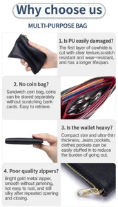Detailed view of the slim cross-grain leather wallet features and gold zipper detail