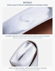 Close-up detail of silver metallic crack-texture leather eyeglass case features