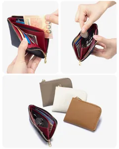 Detail view of slim crossgrain leather zipper wallet showing card slots and color options