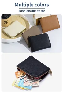 Detail view of cross-grain leather L-zip card case showing storage for cards and keys