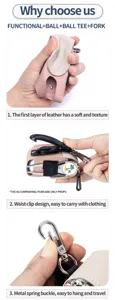 Detailansicht der Golfballtasche aus Leder mit Fokus auf Textur, Gürtelclip und Karabinerhaken.