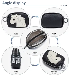 Multi-angle view of a cartoon horse leather coin purse with double zippers and clip.