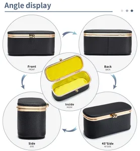 Multi-Winkel-Ansichten der schwarzen Leder-Schmuckschatulle mit Goldverschluss und gelbem Samtfutter