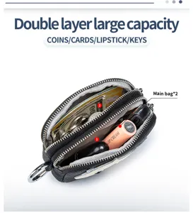 Detail view of double layer leather coin purse showing internal storage capacity