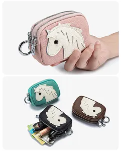 Small leather coin purse with double zippers showing multiple colors and storage capacity