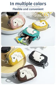 Detailed view of colorful leather coin purses with horse design and double zippers