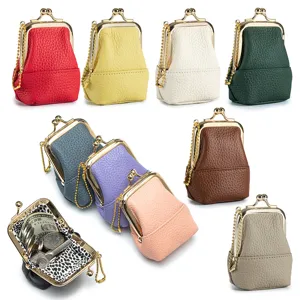Damen Mini Echtleder Münzbeutel Kopfschicht Rindsleder Vintage Kussverschluss Portemonnaie Litschimuster Schmuck Aufbewahrungstasche Mit Kette