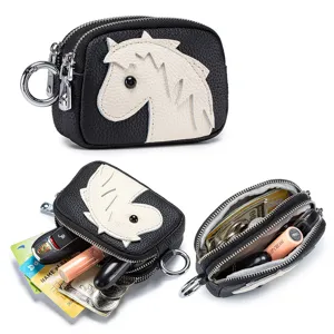 Genuine leather cartoon horse double zipper coin purse for women small storage pouch