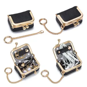 Compacte echt lederen sieradentas met gouden ketting voor ringen en oorbellen, zwart