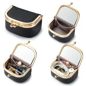 Portagioie portatile in pelle nera con specchio per rossetto e anelli di classe
