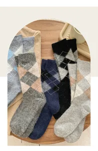 Cozy argyle wool winter socks for women, thick plush warm mid-tube knit casual hosiery.