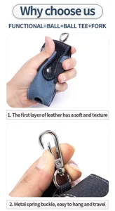 Detailansicht der weichen Lederstruktur und der Metallschnalle der Golfballtasche