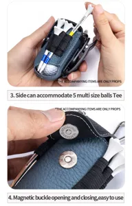Detaillierte Ansicht einer tragbaren Golfballtasche aus Leder mit Magnetverschluss und Tee-Halter