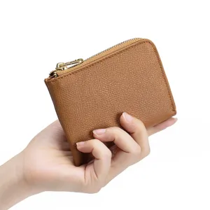 Minimalist slim brown genuine leather small zipper wallet with cross grain texture