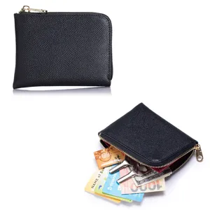 Minimalist black genuine leather cross-grain slim wallet featuring L-shaped gold zipper