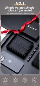 Premium men's leather wallet with blue stripe design presented in a luxury gift box