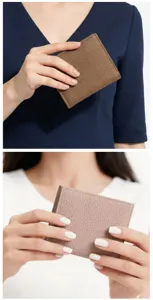 Macro detail view of genuine pebbled leather texture on minimalist slim bifold wallet