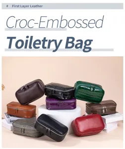 Selection of high-quality croc-embossed leather toiletry bags in various elegant colors