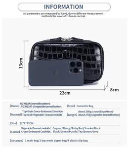 Detailed specifications for crocodile pattern leather cosmetic bag with size info.