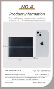 Detailed specifications for men's short striped cowhide leather wallet with dimensions