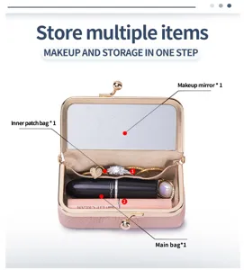 Detaillierte Innenansicht einer rosa Kussmund-Tasche mit Schminkspiegel und Fächern