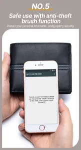 Demonstration of RFID blocking security on this black striped leather wallet for men
