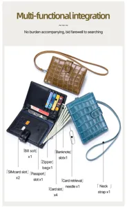 Detailed internal layout showing slots and compartments of crocodile pattern leather neck passport wallet