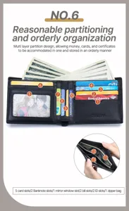 Detail showing multi-layer compartments of men's short genuine leather wallet