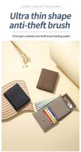 Detail view of ultra-thin leather bifold wallet with RFID protection and coin pocket