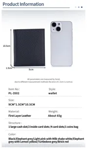 Detailed specification of the genuine leather bi-fold wallet showing dimensions