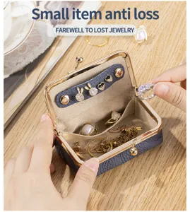 Mini genuine leather jewelry storage pouch with metal clasp for earrings and rings