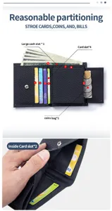 Detail view of multi-functional leather bifold wallet showing card slots and coin pocket.
