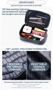 Detail view of black crocodile pattern leather toiletry bag with large capacity.