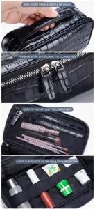 Close-up of crocodile pattern makeup bag features including zippers and mesh pockets.