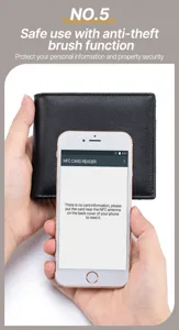 Detaillierte Demonstration der Anti-Diebstahl-RFID-Blockierfunktion für Leder-Brieftaschen