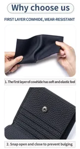 Detailed view of soft cowhide leather wallet texture and snap button closure
